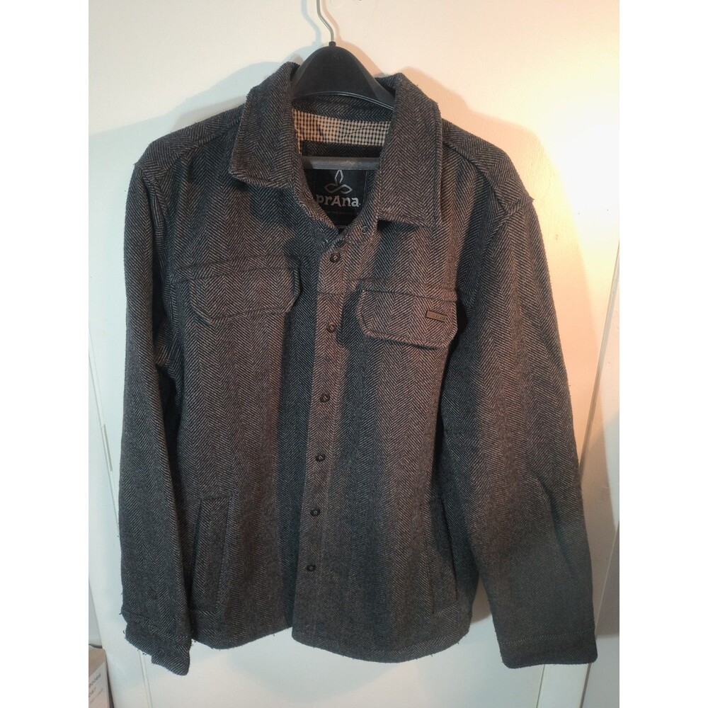prAna Wooley Jacket Mens Large Grey Charcoal Herringbone Tweed Wool Blend